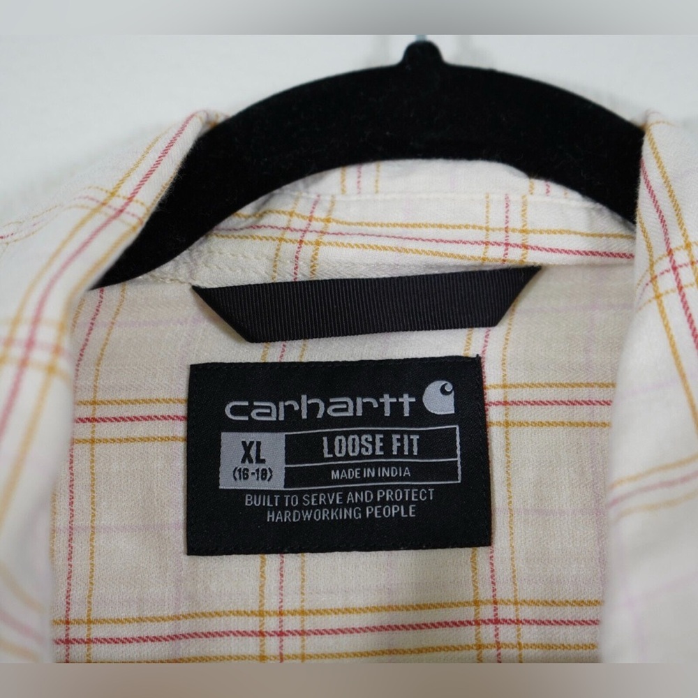 Carhartt Loose Fit Button Shirt Womens XL Cream Plaid Front Pockets Super Soft - Picture 3 of 5